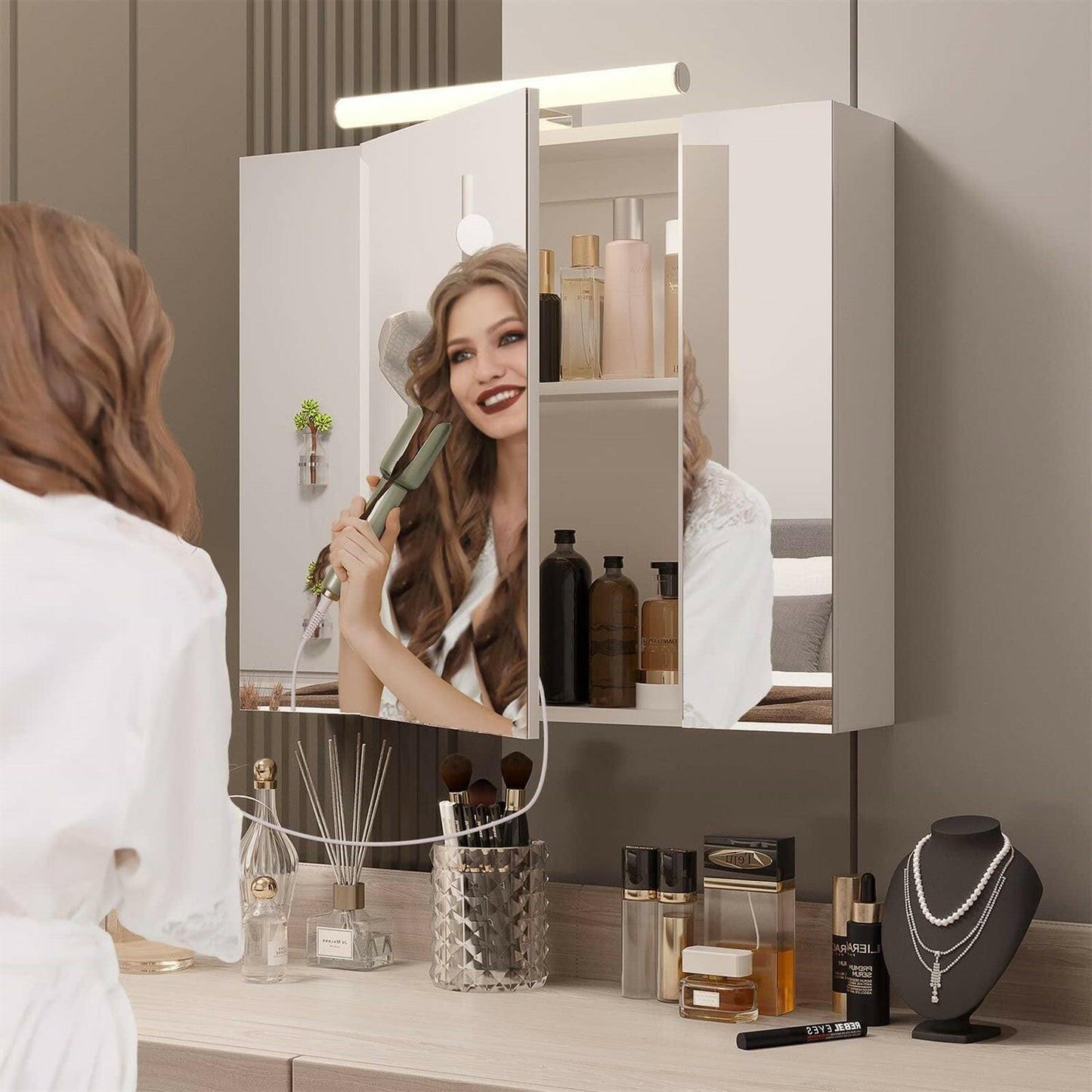 Wall Mounted Bathroom Mirror Medicine Cabinet with USB Ports and LED Light - FurniFindUSA