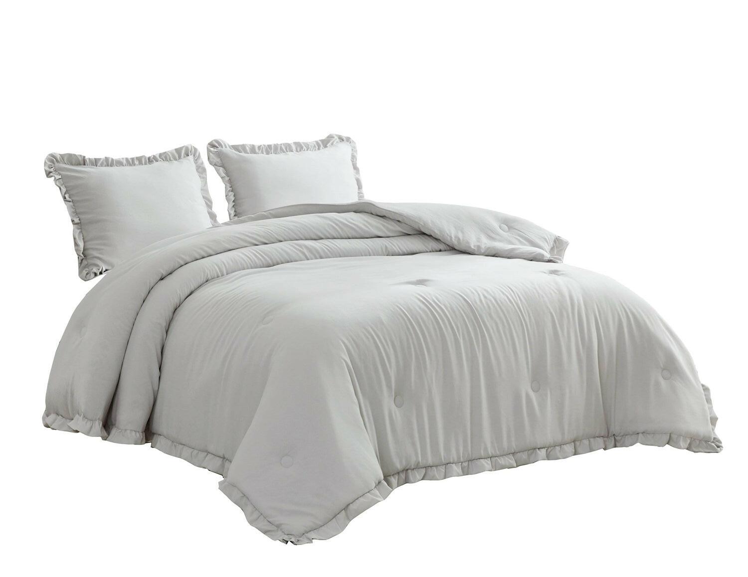 Full Size Grey Stone Washed Ruffled Edge Microfiber Comforter Set - FurniFindUSA