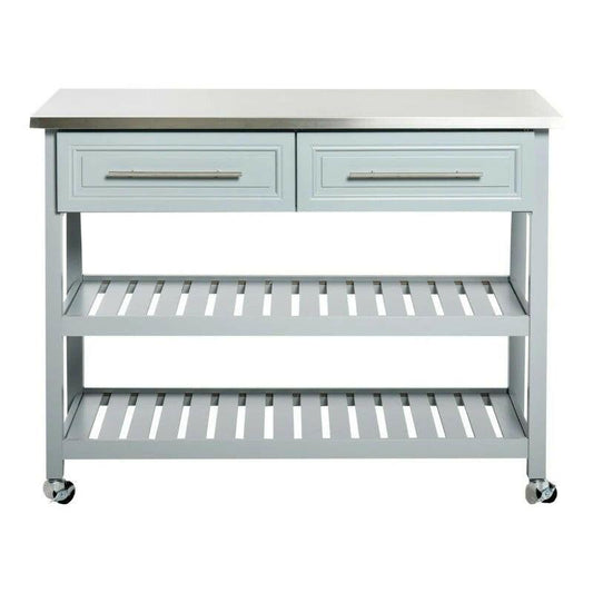 Light Gray Rolling Kitchen Island 2 Drawers Storage with Stainless Steel Top - FurniFindUSA