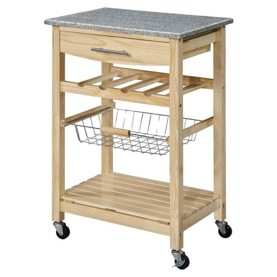 Natural Wood Finish Kitchen Island Cart with Granite Top - FurniFindUSA