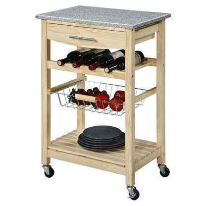 Natural Wood Finish Kitchen Island Cart with Granite Top - FurniFindUSA