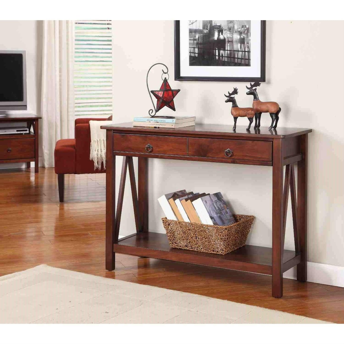 2-Drawer Console Sofa Table Living Room Storage Shelf in Tobacco Brown - FurniFindUSA