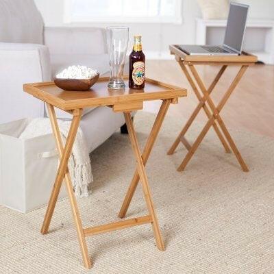 Set of 2 Bamboo Wood TV Table Snack Coffee Tables in Natural - FurniFindUSA