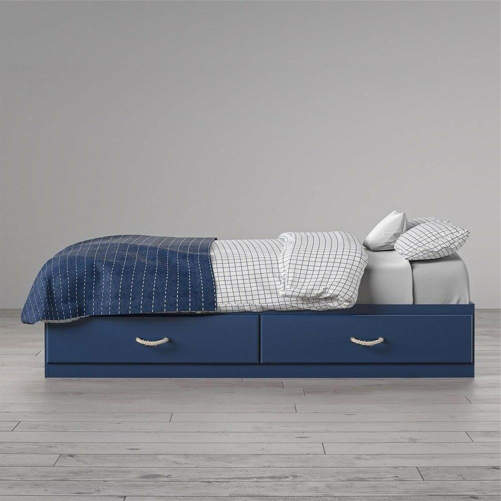 Twin Size Blue Platform Bed with 2 Storage Drawers Rope Handles - FurniFindUSA