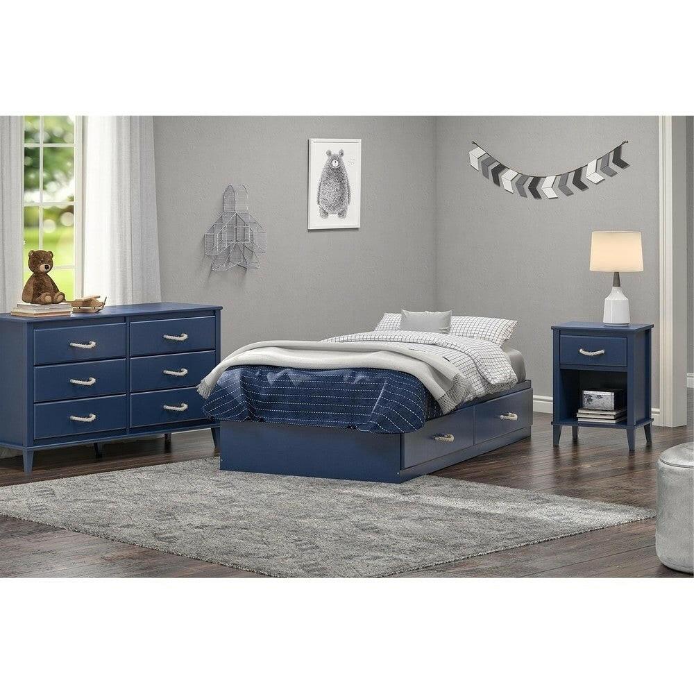 Twin Size Blue Platform Bed with 2 Storage Drawers Rope Handles - FurniFindUSA