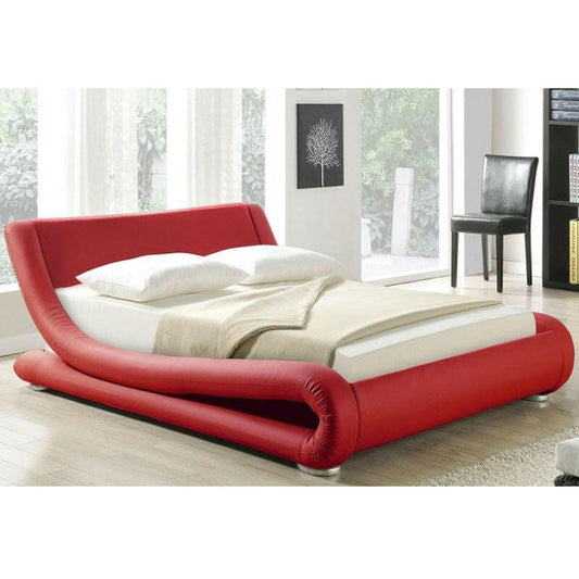 King size Modern Red Faux Leather Upholstered Platform Bed with Curved Headboard - FurniFindUSA