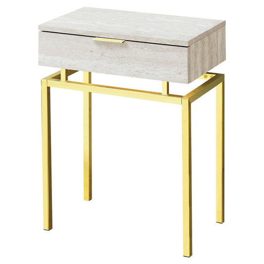 24in Modern End Table 1 Drawer Nightstand Beige Marble Gold Legs - FurniFindUSA