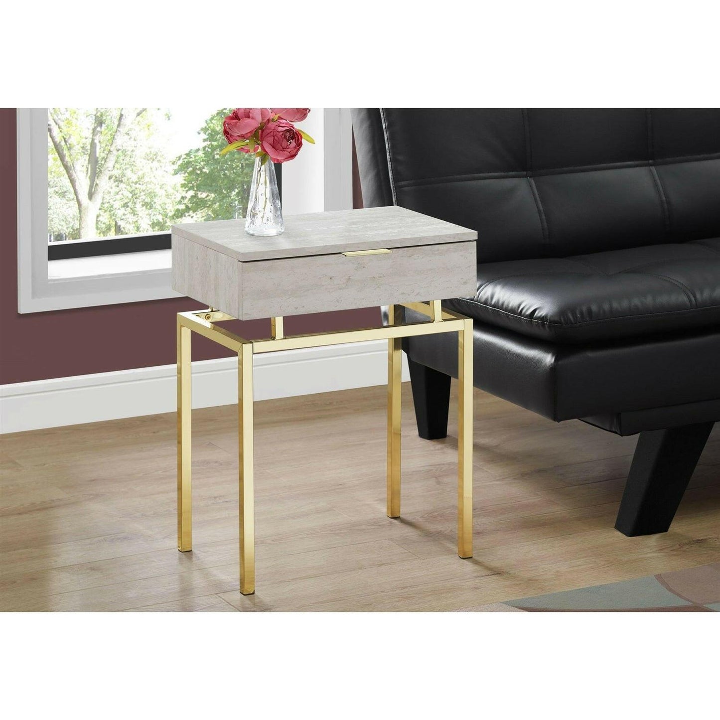 24in Modern End Table 1 Drawer Nightstand Beige Marble Gold Legs - FurniFindUSA