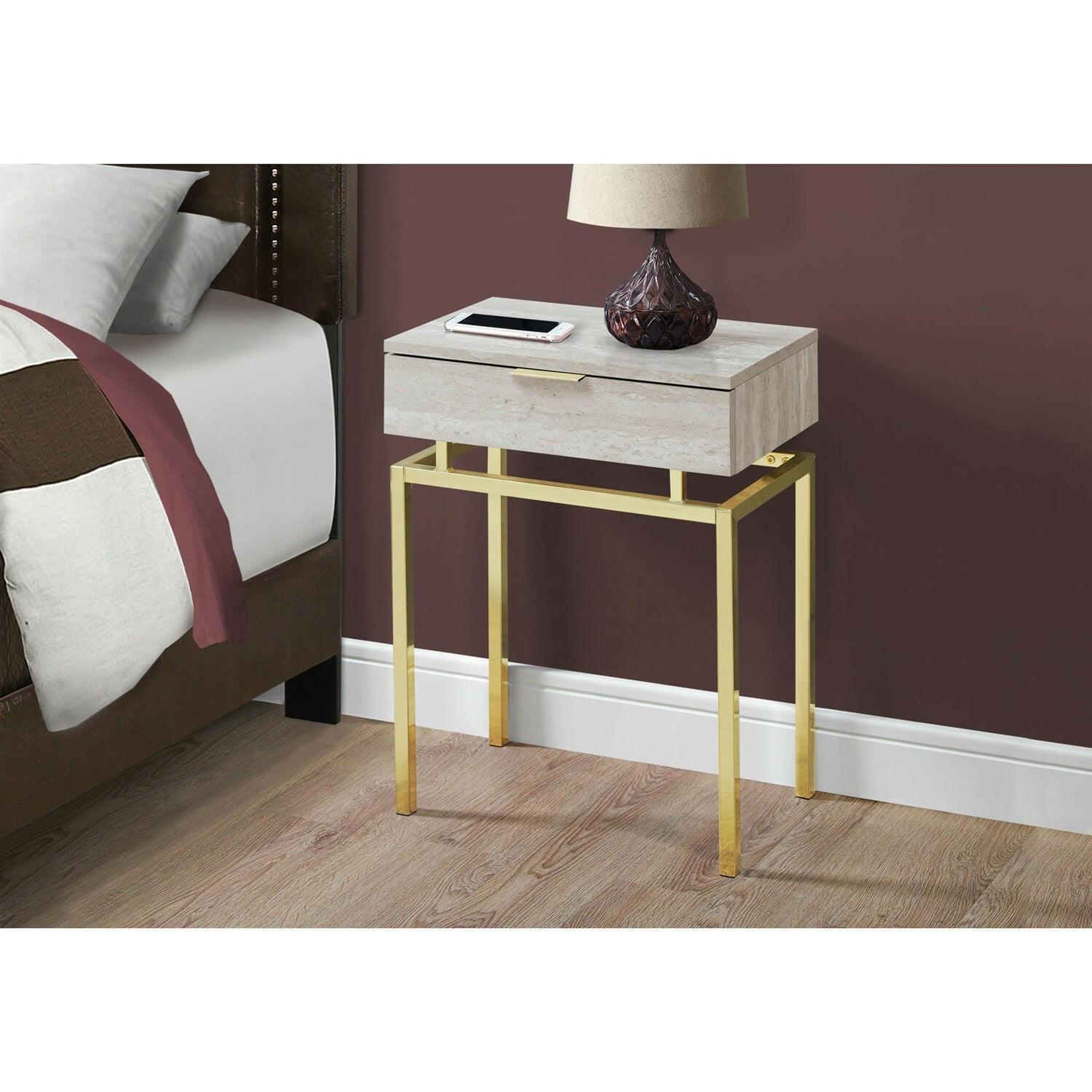24in Modern End Table 1 Drawer Nightstand Beige Marble Gold Legs - FurniFindUSA