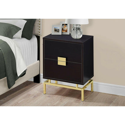 24in Retro 2 Drawer NightStand End Table Cappuccino with Gold Metal Legs - FurniFindUSA
