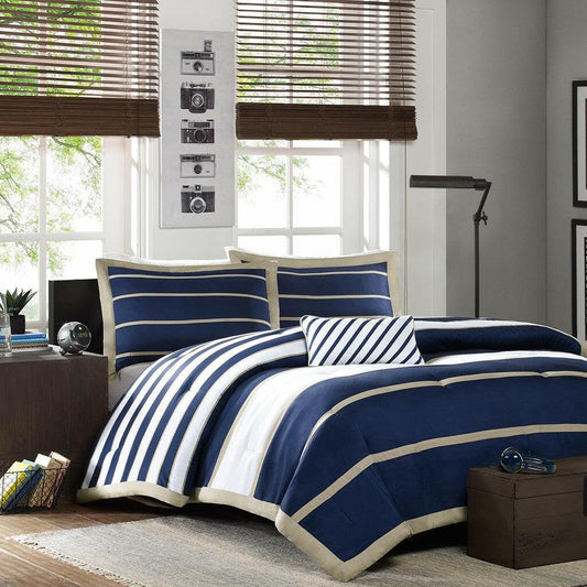 Full / Queen size Comforter Set in Navy Blue White Khaki Stripe - FurniFindUSA