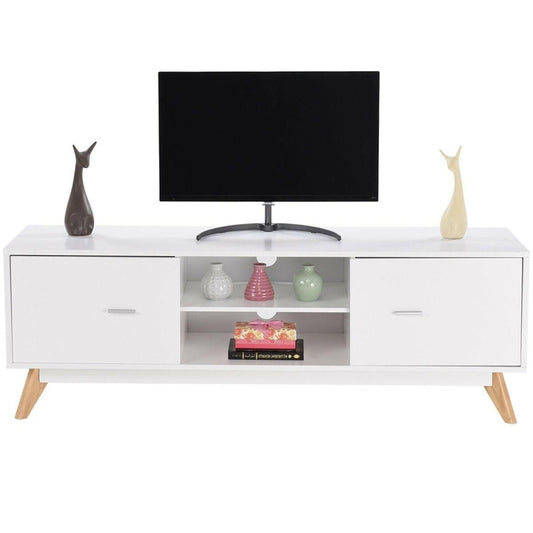 Modern Mid Century Style White TV Stand with Wood Legs - FurniFindUSA