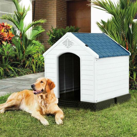 Medium size Dog House Outdoor White Blue Plastic with Elevated Floor - FurniFindUSA