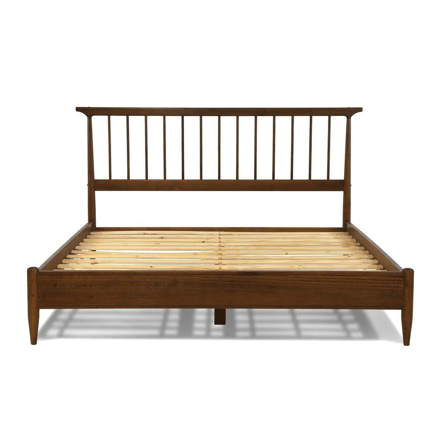 Queen Size Hardwood Mid Century Platform Bed Frame with Headboard in Walnut - FurniFindUSA