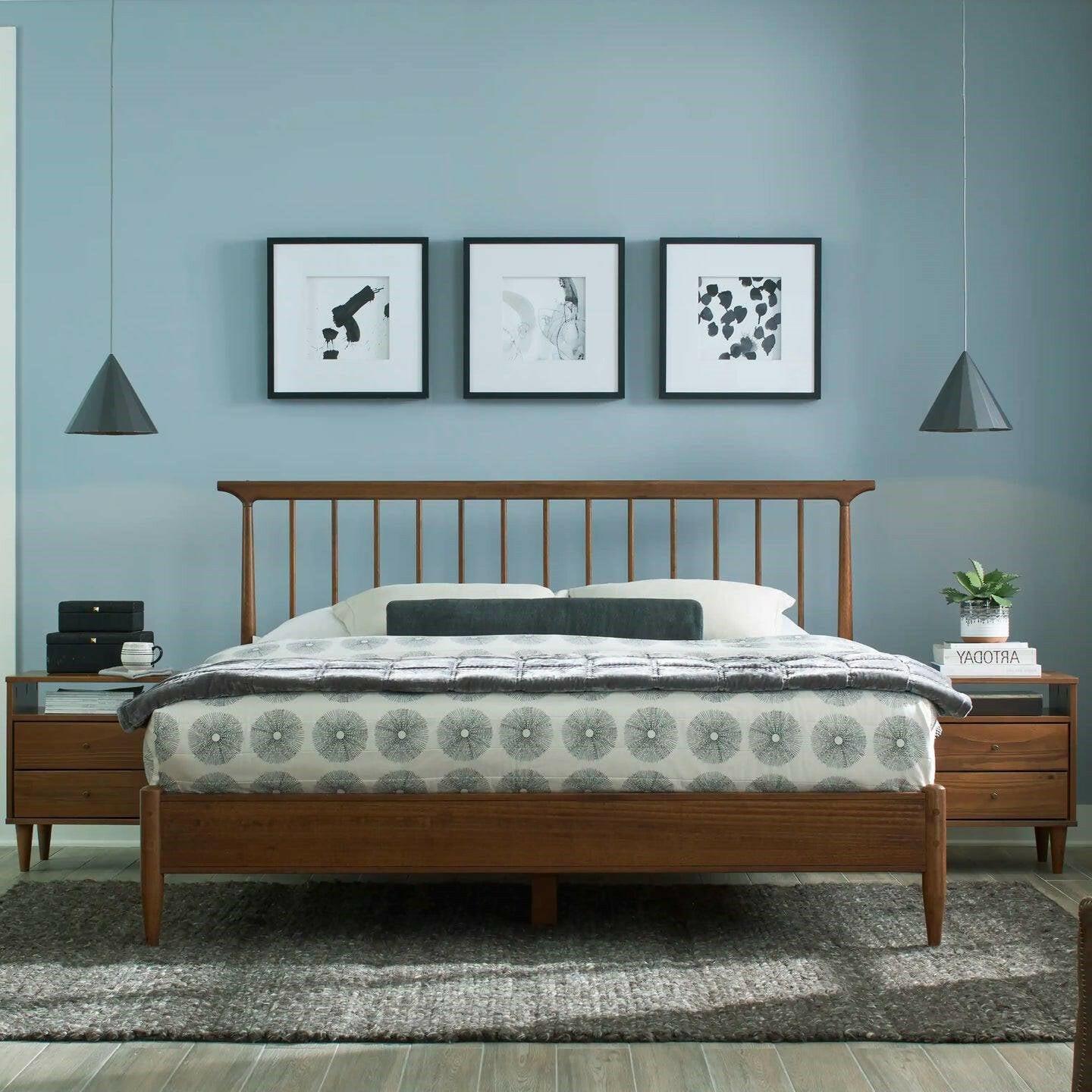 Queen Size Hardwood Mid Century Platform Bed Frame with Headboard in Walnut - FurniFindUSA