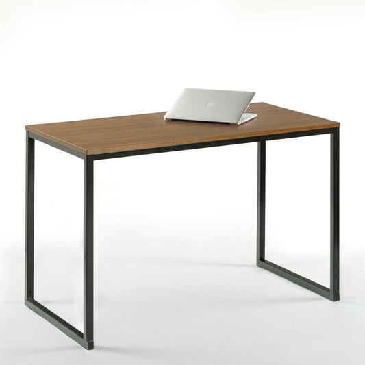 Modern Home Office Desk with Black Metal Frame and Brown Wood Top - FurniFindUSA