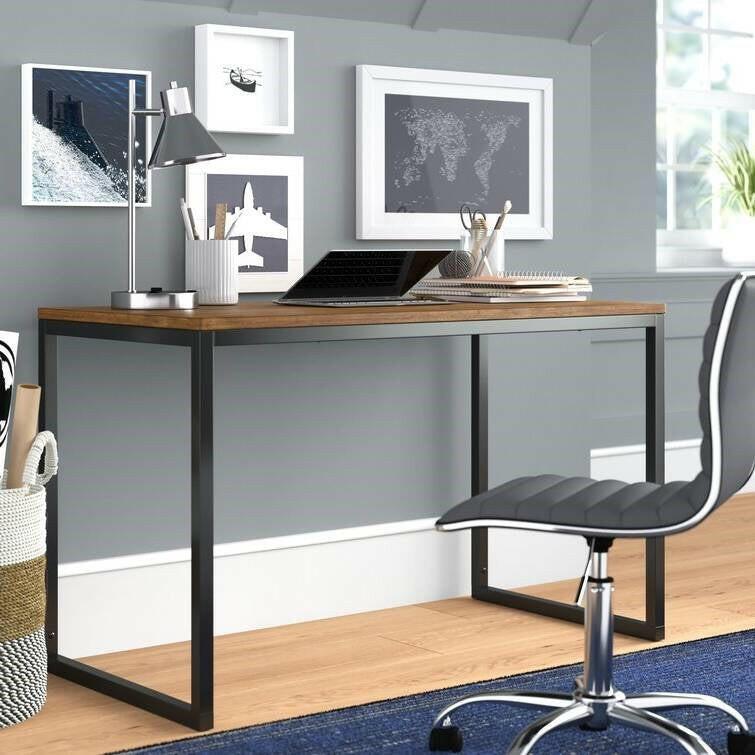 Modern Home Office Desk with Black Metal Frame and Brown Wood Top - FurniFindUSA