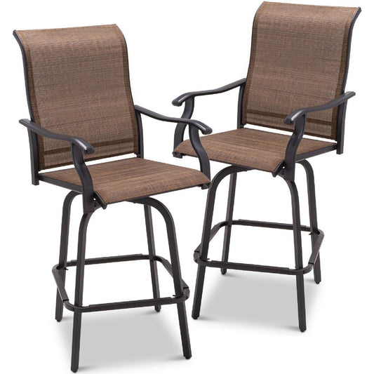 Set of 2 Brown All-Weather Mesh Swivel Barstools - FurniFindUSA