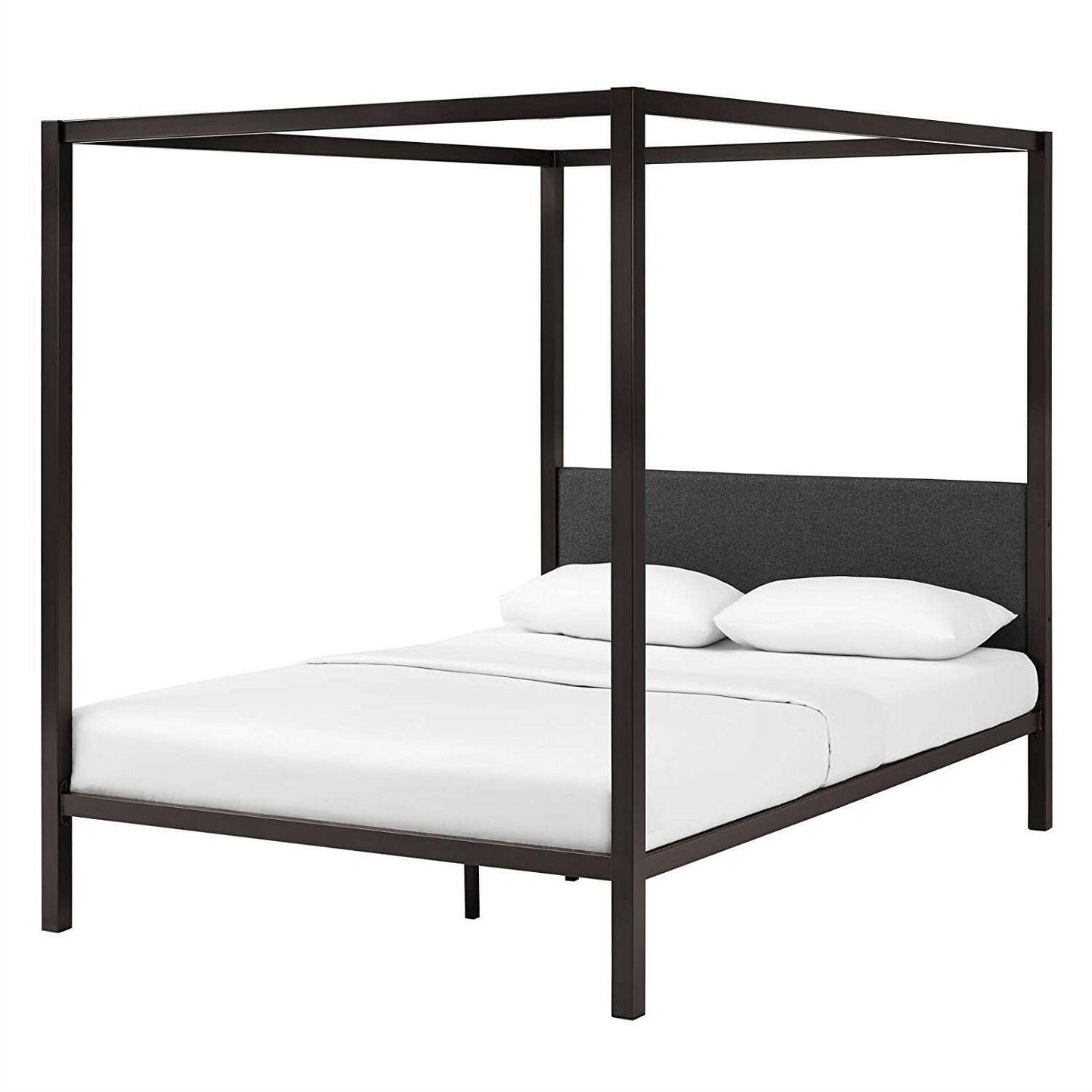 Queen size Brown Metal Canopy Bed Frame with Grey Upholstered Headboard - FurniFindUSA