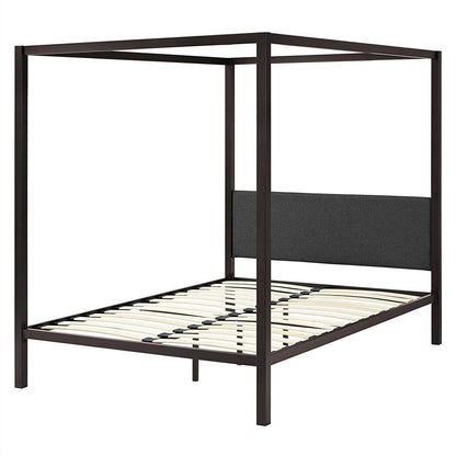 Queen size Brown Metal Canopy Bed Frame with Grey Upholstered Headboard - FurniFindUSA
