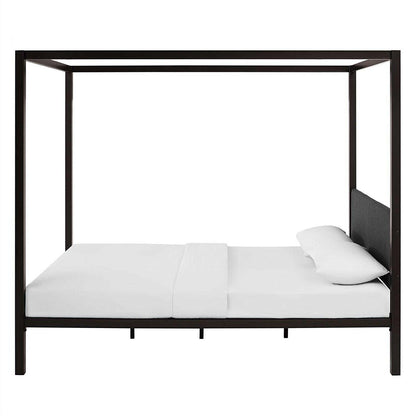 Queen size Brown Metal Canopy Bed Frame with Grey Upholstered Headboard - FurniFindUSA