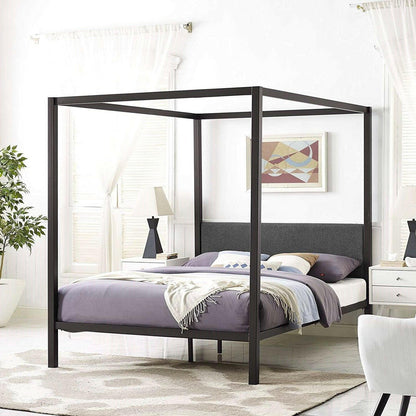 Queen size Brown Metal Canopy Bed Frame with Grey Upholstered Headboard - FurniFindUSA