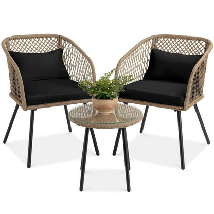 3 Piece Beige/Black Outdoor Weave Wicker Bistro w/ Tempered Glass Side Table Set - FurniFindUSA