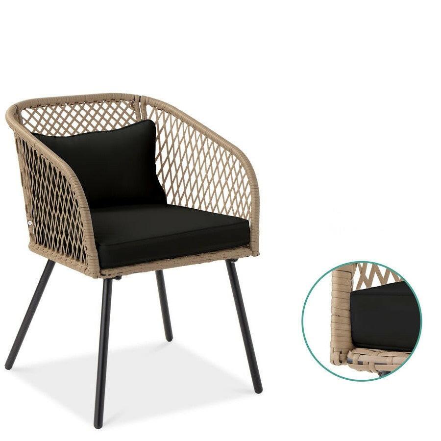 3 Piece Beige/Black Outdoor Weave Wicker Bistro w/ Tempered Glass Side Table Set - FurniFindUSA