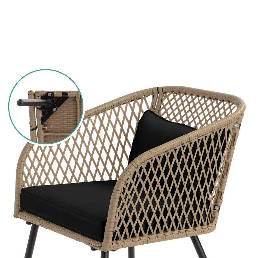 3 Piece Beige/Black Outdoor Weave Wicker Bistro w/ Tempered Glass Side Table Set - FurniFindUSA