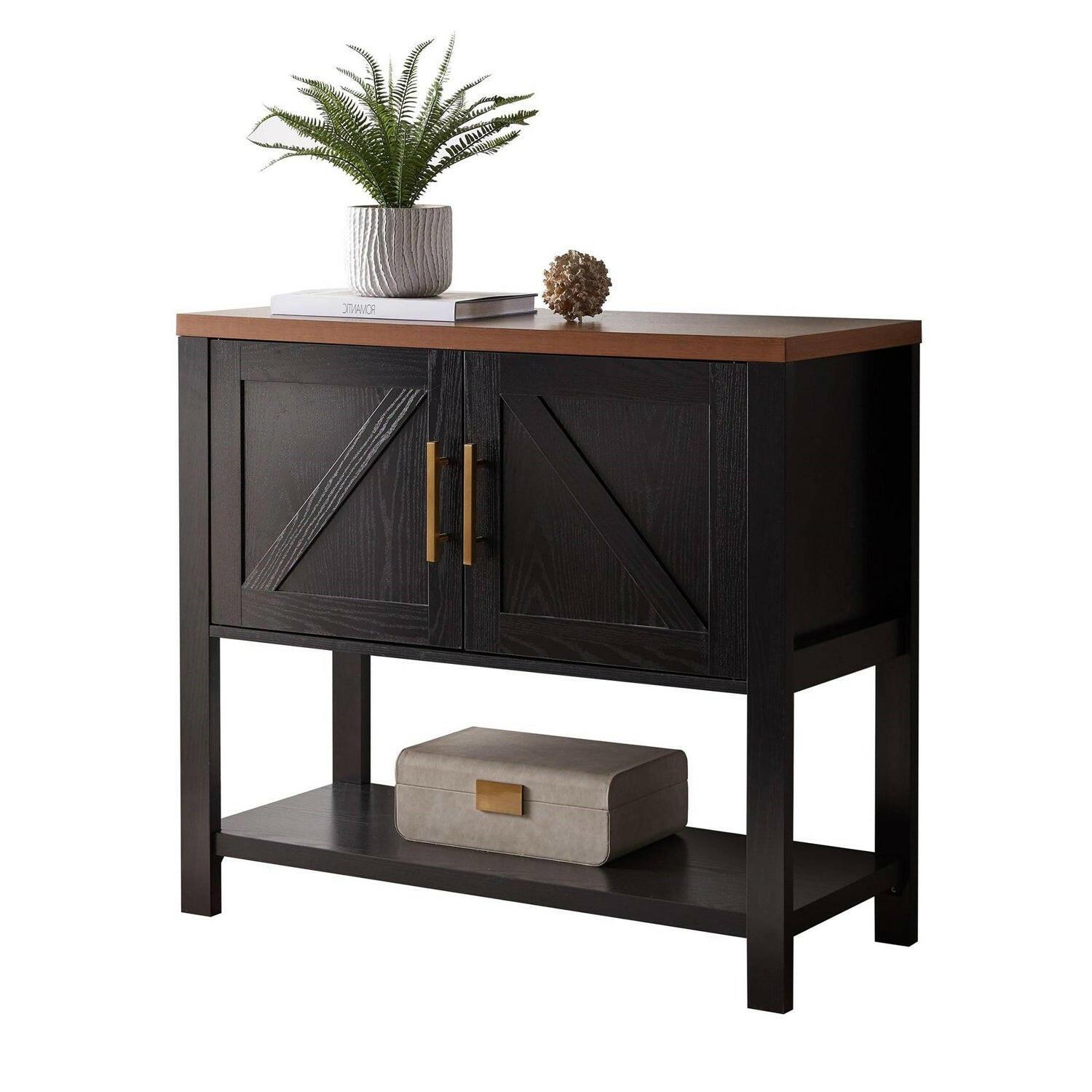 Modern 2 Drawer Wooden Storage Console Table Black/Walnut - FurniFindUSA