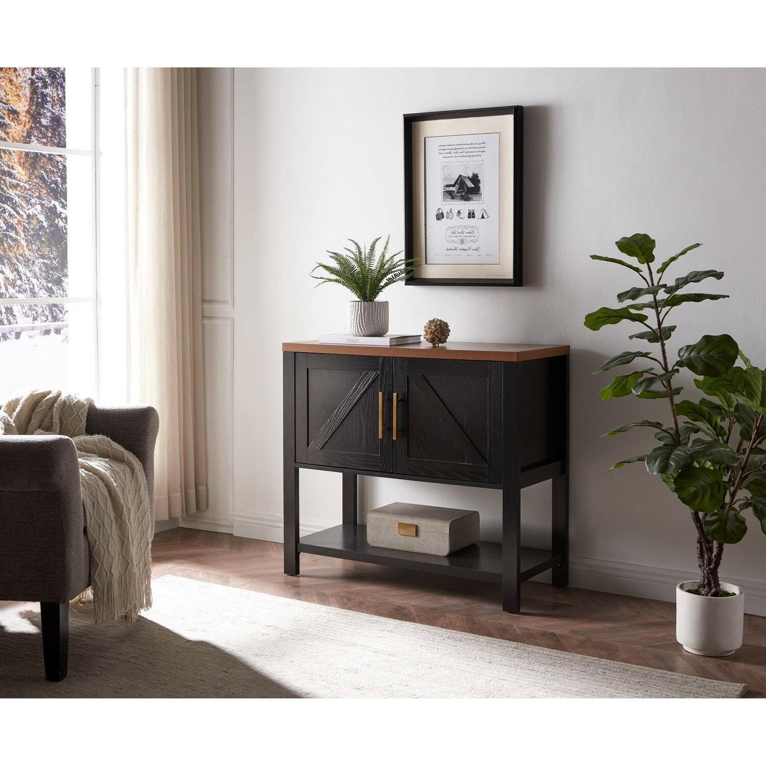 Modern 2 Drawer Wooden Storage Console Table Black/Walnut - FurniFindUSA