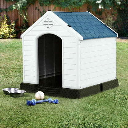 Medium size Outdoor Heavy Duty Blue and White Plastic Dog House - FurniFindUSA