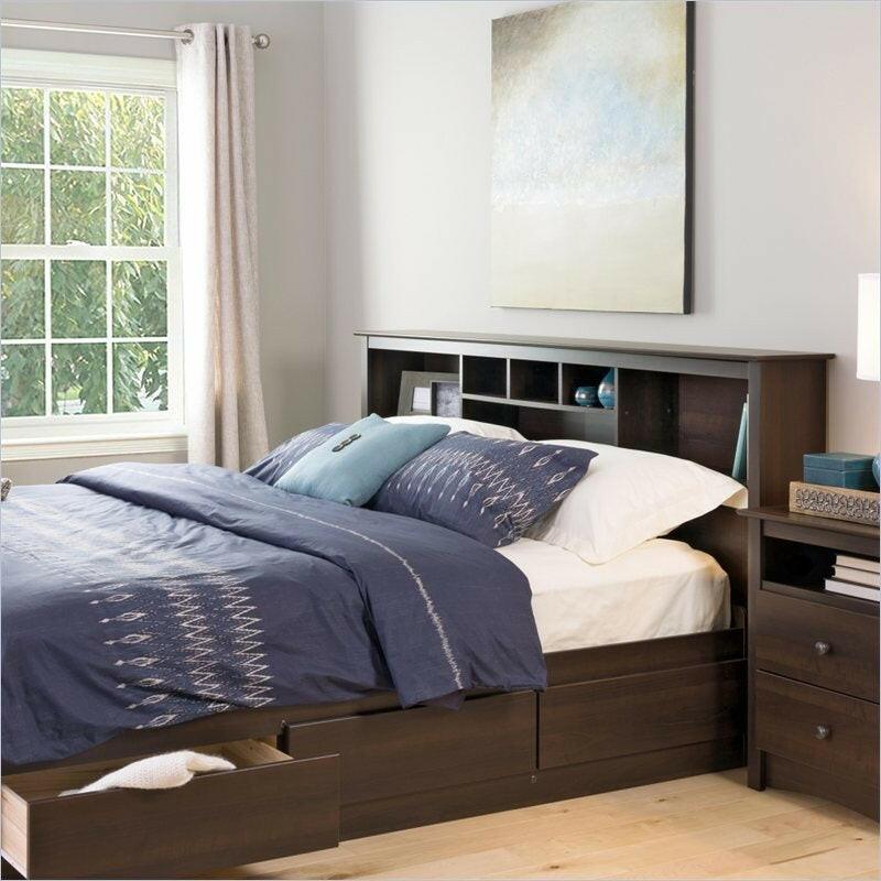 King size Bookcase Headboard in Espresso Wood Finish - FurniFindUSA