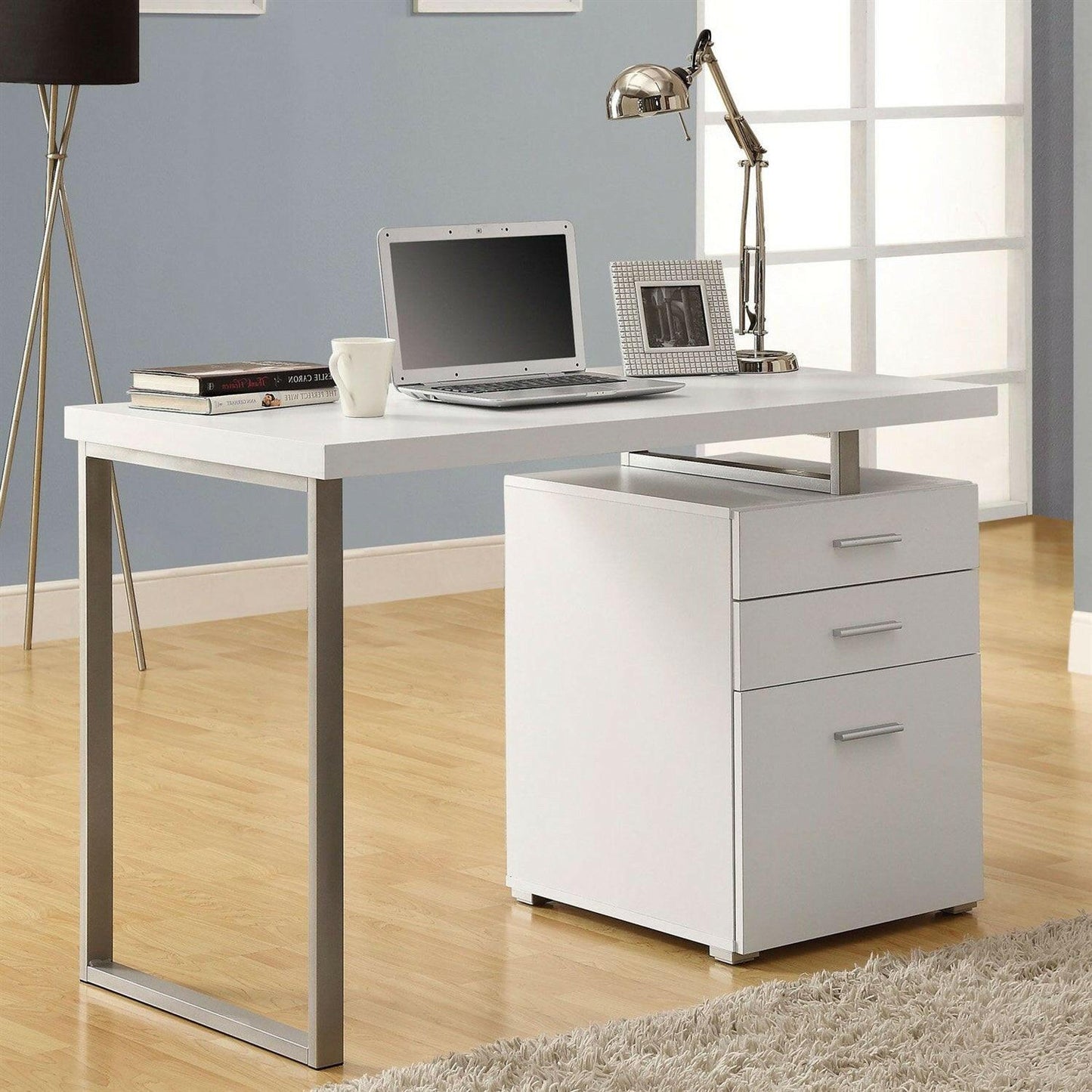 Left or Right Facing Modern Office Desk in White Finish with File Drawers - FurniFindUSA