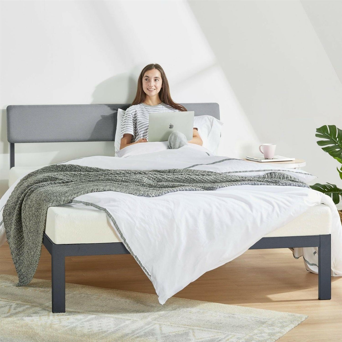 King Size Grey Soft Fabric Metal Headboard Platform Bed Wooden Slats - FurniFindUSA