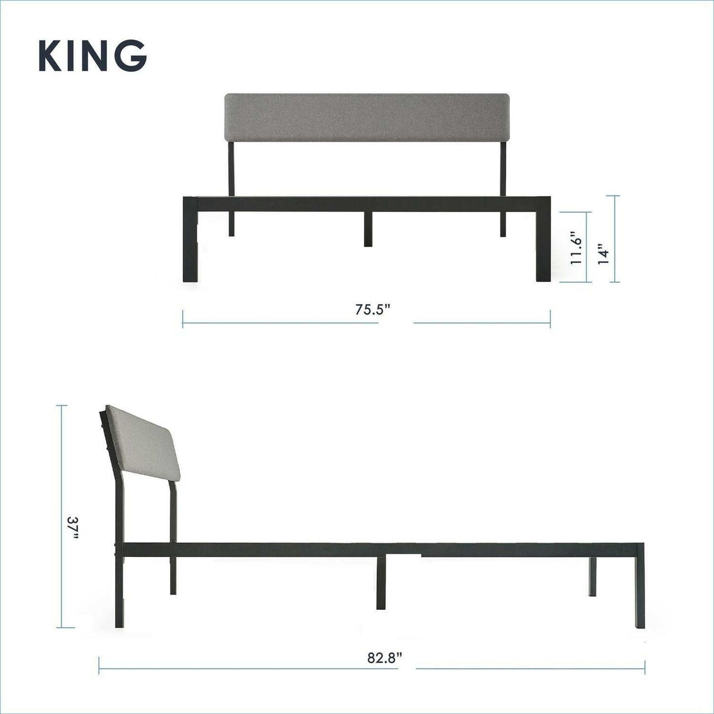 King Size Grey Soft Fabric Metal Headboard Platform Bed Wooden Slats - FurniFindUSA