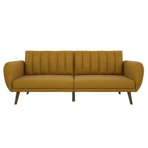 Mustard Linen Upholstered Futon Sofa Bed with Mid-Century Style Wooden Legs - FurniFindUSA