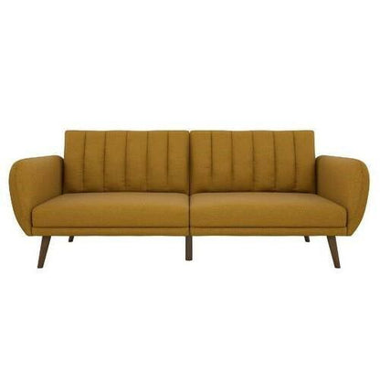 Mustard Linen Upholstered Futon Sofa Bed with Mid-Century Style Wooden Legs - FurniFindUSA