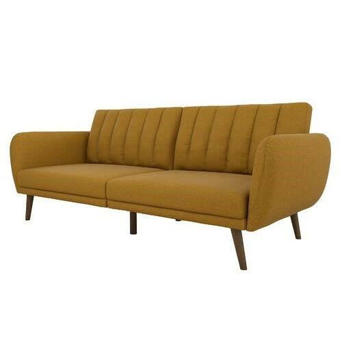 Mustard Linen Upholstered Futon Sofa Bed with Mid-Century Style Wooden Legs - FurniFindUSA