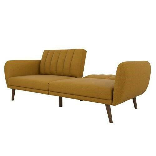 Mustard Linen Upholstered Futon Sofa Bed with Mid-Century Style Wooden Legs - FurniFindUSA