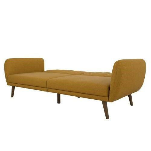 Mustard Linen Upholstered Futon Sofa Bed with Mid-Century Style Wooden Legs - FurniFindUSA