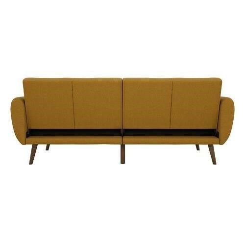 Mustard Linen Upholstered Futon Sofa Bed with Mid-Century Style Wooden Legs - FurniFindUSA