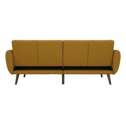 Mustard Linen Upholstered Futon Sofa Bed with Mid-Century Style Wooden Legs - FurniFindUSA