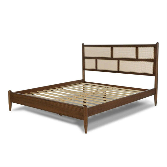 Queen Size Hardwood Platform Bed Frame with Cane Paneling Headboard in Walnut - FurniFindUSA