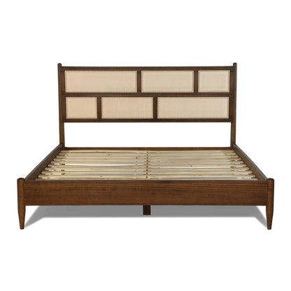 Queen Size Hardwood Platform Bed Frame with Cane Paneling Headboard in Walnut - FurniFindUSA