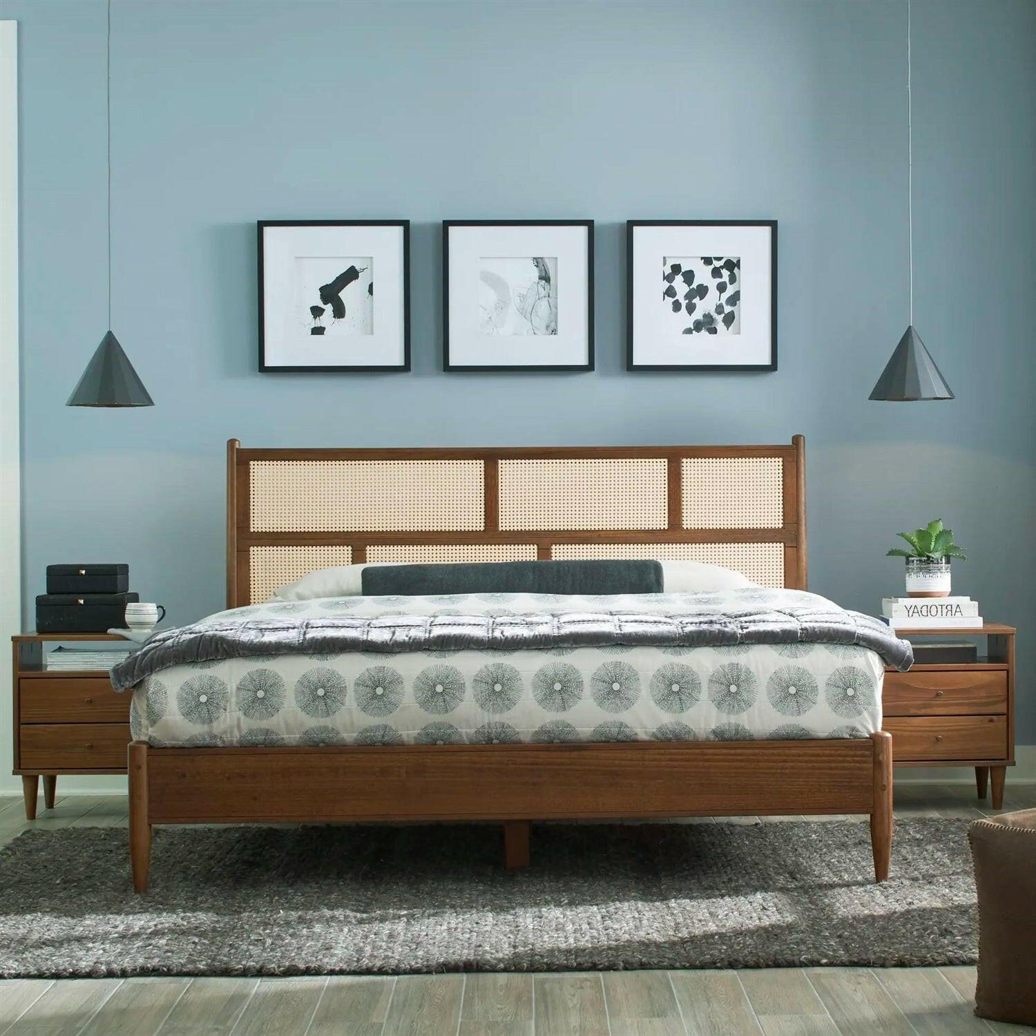 Queen Size Hardwood Platform Bed Frame with Cane Paneling Headboard in Walnut - FurniFindUSA