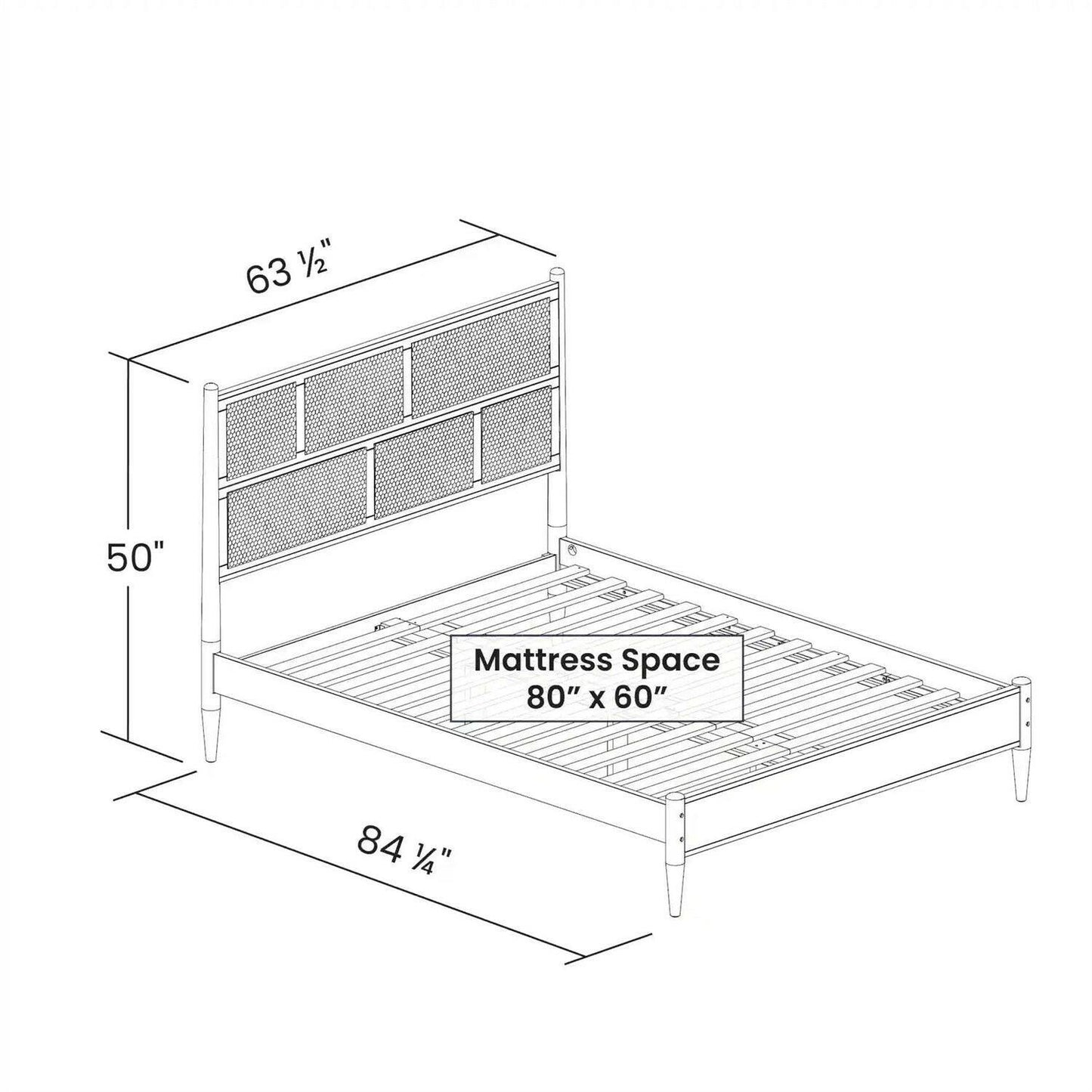 Queen Size Hardwood Platform Bed Frame with Cane Paneling Headboard in Walnut - FurniFindUSA