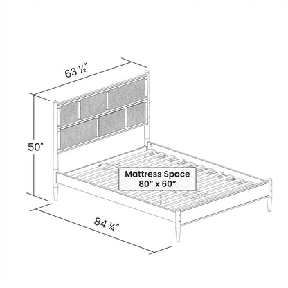 Queen Size Hardwood Platform Bed Frame with Cane Paneling Headboard in Walnut - FurniFindUSA