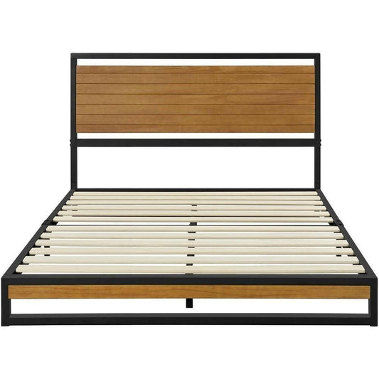 Full size Modern Metal Platform Bed Frame with Solid Brown Wood Slatted Headboard - FurniFindUSA