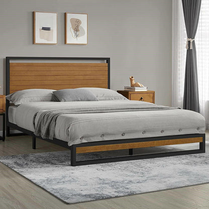 Full size Modern Metal Platform Bed Frame with Solid Brown Wood Slatted Headboard - FurniFindUSA
